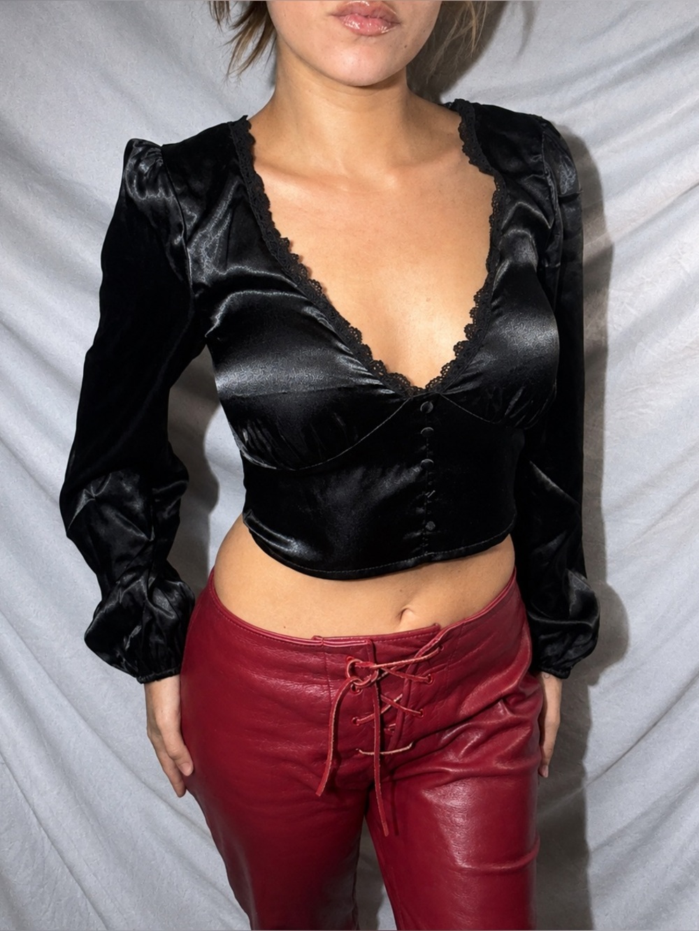 NWT Black Satin Lace Trim Top